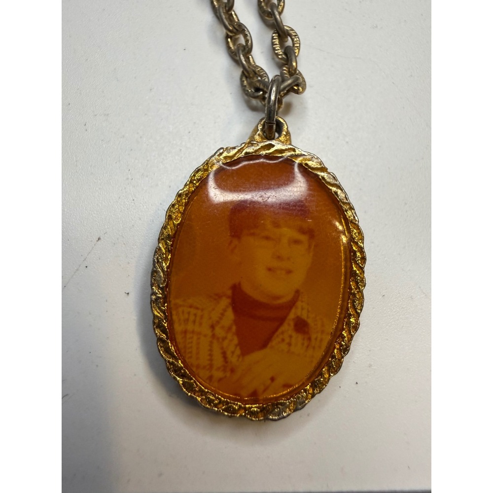 Vintage Photo Pendant Necklace Sepia Portrait Gold Tone Oval Charm 15 Inch Chain